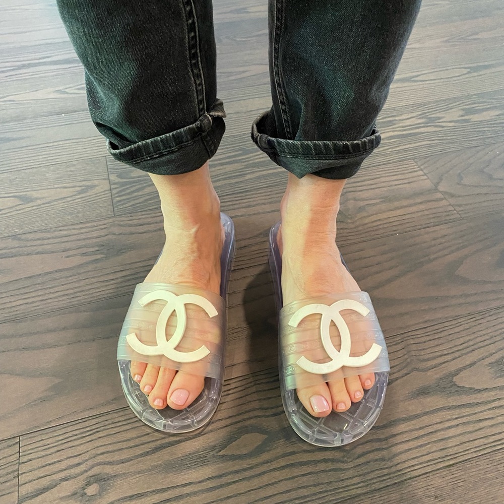 SOLD Chanel Clear Interlocking CC Logo Rubber Slides